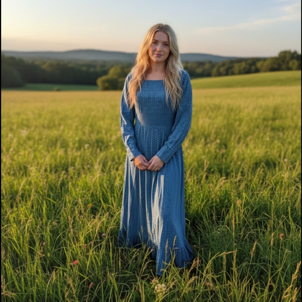 Vintage 70s 80s Prairie Blue Patterned Maxi Dress Small
